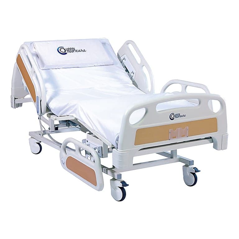 PRIME care hospital bed, backrest raised, HOSPIcare branded linens